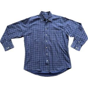 Burberry London Checked Plaid Button Up Shirt Men L Blue Collared Long Sleeve